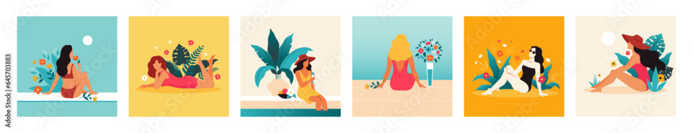 Summer girl. Freedom vacation, health and flowers, dress and hat on wellness beach, spa mood. Female characters in bikini drinking cocktail. Cartoon flat style isolated vector concept