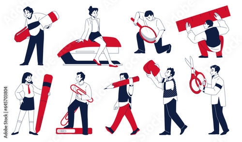 Persons holding stationery. Work or drawing office supplies concept. Woman with big stapler and felt-tip marker. Man carrying scissors or pencil. Magnifier in hand. Vector characters set