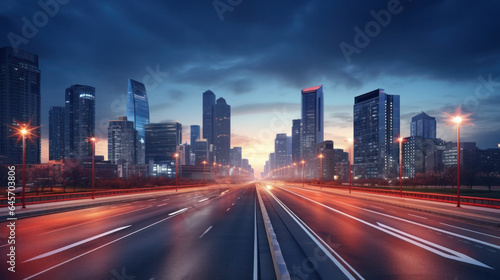 Urban Skylines  Illuminated Roadways Amidst Towering Skyscrapers  Capturing the Bustling Energy of City Life in Motion