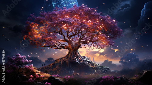 Cosmic Nebula Growing Gigantic Tree in Purple and Blue Cloudy Sky Low Angle View