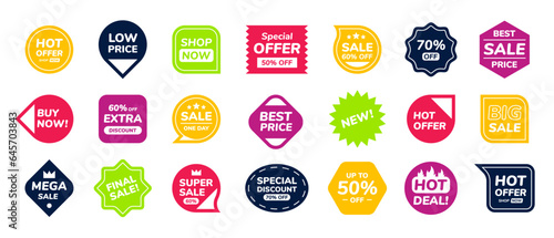 Discount stickers. Sale badge. Label tags, offer special banners, new promotion templates. Shopping isolated color icons different colors and shapes. Vector design, isolated elements set