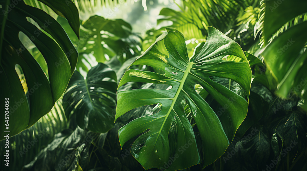 Obraz premium Tropical leaves of Monstera philodendron plant background