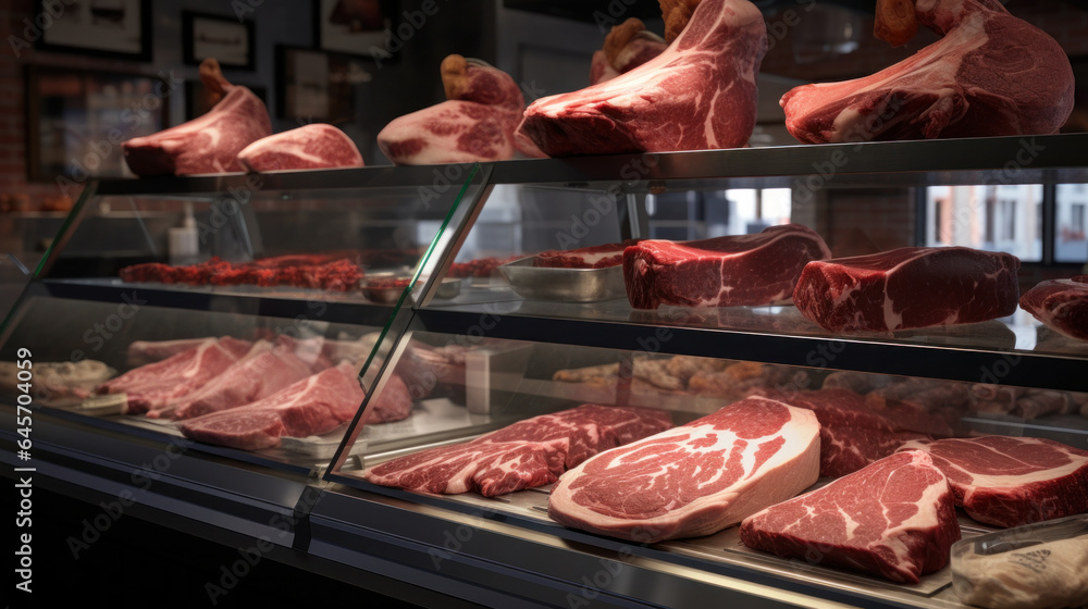 Prime Cuts Display: Fresh Raw Meat Arrayed in Butcher Shop Showcase.