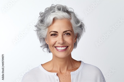 Close up of Cheerful Adult Spanish Woman with Curly Bob Haircut and Broad Smile on White Copy Space.