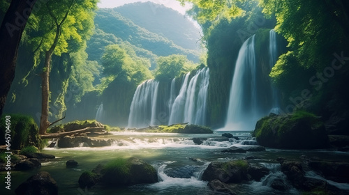 Low Angle View of A Beautiful Waterfall and Natural River Floating Through Cave and Mountains