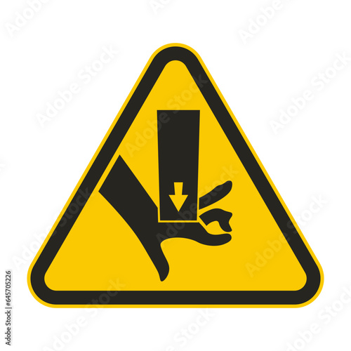 Isolated safety triangle sign black pictogram injury risk finger crush accident with picture of hand, press machine, warning danger pinched point hazard information label