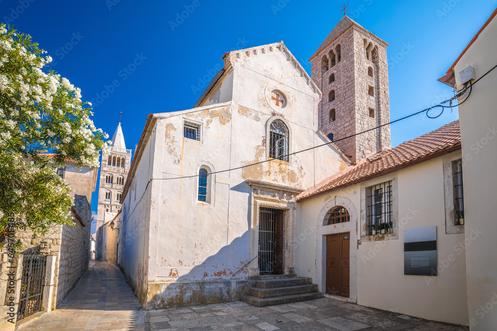Town of Rab scenic stone street and church towers view, island of Rab