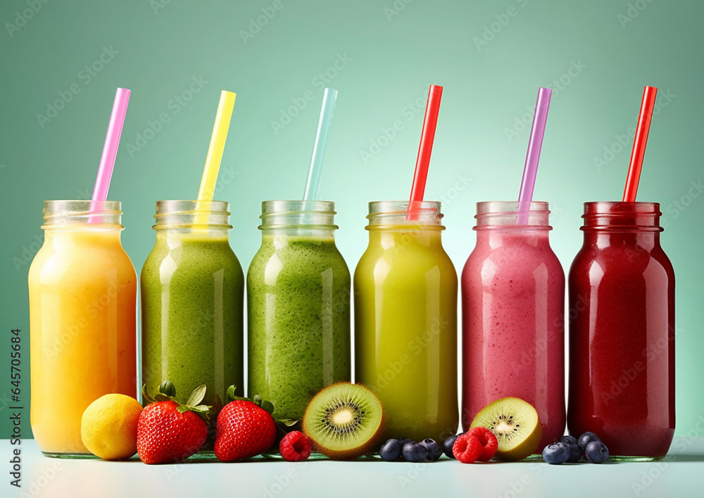 Healthy high fiber fruit and berry smoothies in bottles on green.Macro.AI Generative Healthy high fiber fruit and berry smoothies in bottles on green.Macro.AI Generative