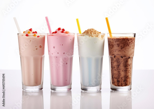 Various taste and color creamy milkshake glasses on white.Macro.AI Generative