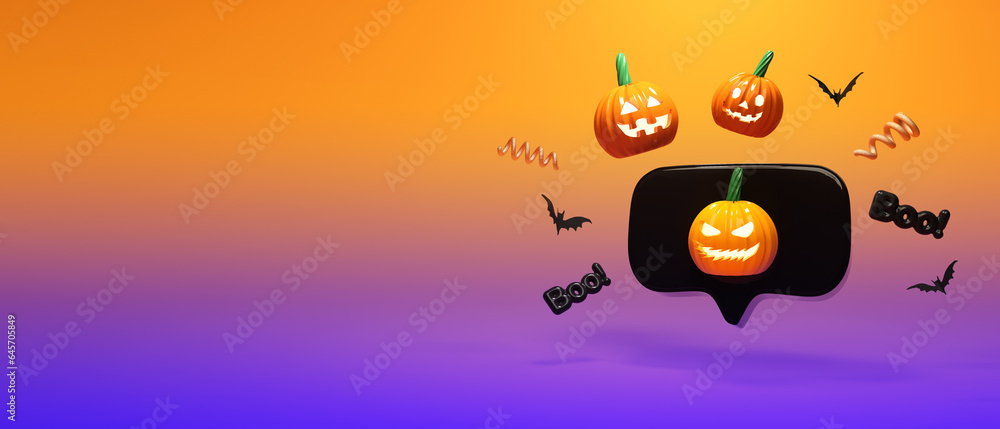 Halloween pumpkin ghosts with a speech bubble - 3D render