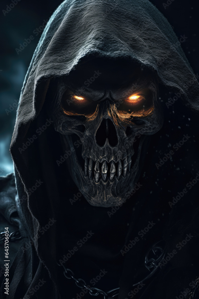 The grim reaper close up, smirk and defiance, intricately stylized skull, smoke and shadows effects The grim reaper close up, smirk and defiance, intricately stylized skull, smoke and shadows effects