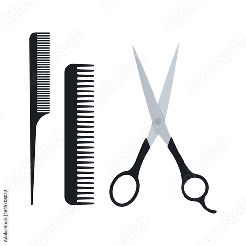 Hairdressing scissors and combs set flat vector illustration