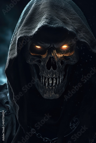 The grim reaper close up, smirk and defiance, intricately stylized skull, smoke and shadows effects