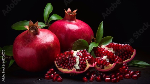 Juicy pomegranate fruit on a black background. Whole and open parts of the pomegranate, grains in the foreground