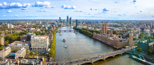 Westminster Big Ben and Thames riverfront panoramic view in London