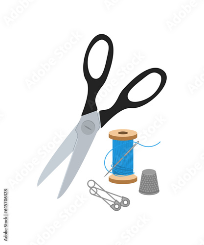 Sewing kit. Scissors, needle, spool of thread and pins. Flat vector illustration