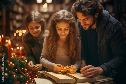 Happy smiling family open gift box at christmas eve  father with teenager girl  winter holidays  celebrate xmas at home