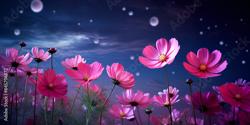 romantic night scene beautiful pink flowers blossom of full moon  with a starry sky in the background. © Haleema