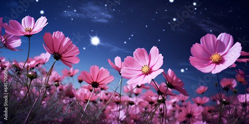 romantic night scene beautiful pink flowers blossom of full  moonlight  with a starry sky in the background.