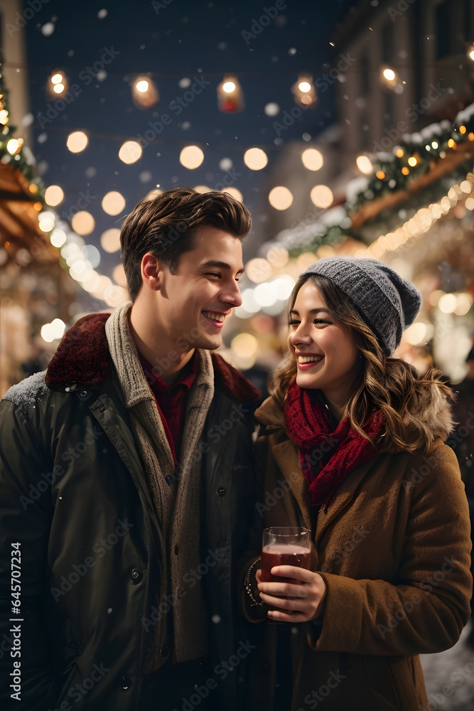 A young cheerful couple having a walk with drinks, dressed warm, looking at each other and laughing. Image created using artificial intelligence. A young cheerful couple having a walk with drinks, dressed warm, looking at each other and laughing. Image created using artificial intelligence.