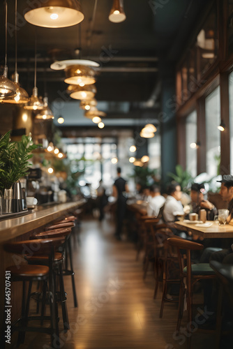 Blur coffee shop or cafe restaurant, Blurred restaurant background with some people and chefs and waiters working. Image created using artificial intelligence.