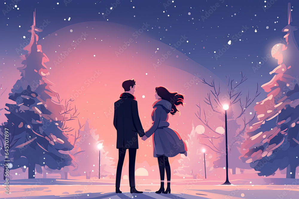 Obraz premium romantic couple in christmas winter landscape illustration