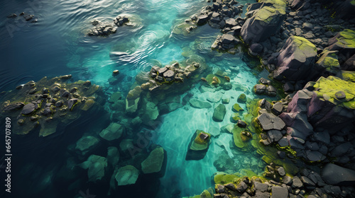 Aerial View of Beautiful Green and Dark Violet Lake Crystal Clear Water © Image Lounge