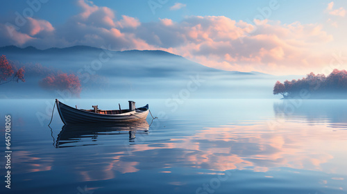 Lone Boat Floating in The Misty Water Lake Under The Foggy Blue Sky