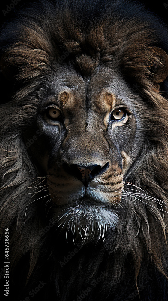 Naklejka premium A Big Fierce Male Lion Face Close-Up Selective Focus