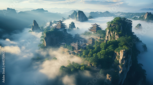 Classical Chinese Temples and Cliffs Submerged in Fog Large Stretches of Scaly Clouds Aerial View
