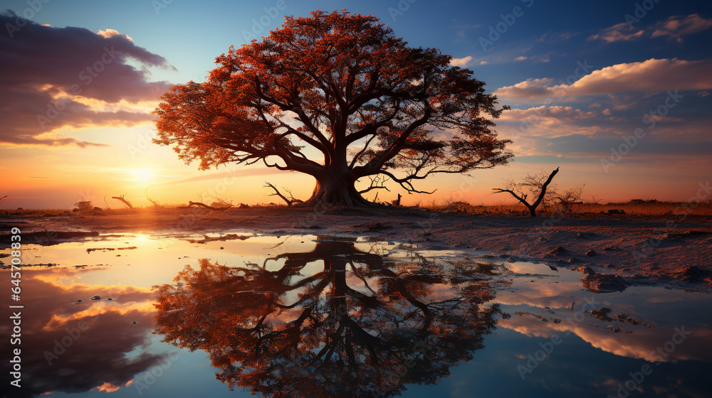 Fototapeta premium Standing Yellow Lone Tree Reflact in Small Water Lake Under Cloudy Sky