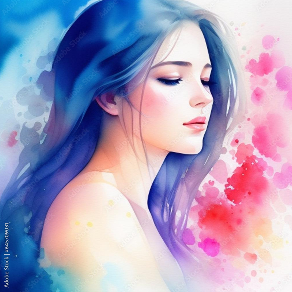 Colourful watercolour art style portrait of a beautiful young woman.  Generative AI
