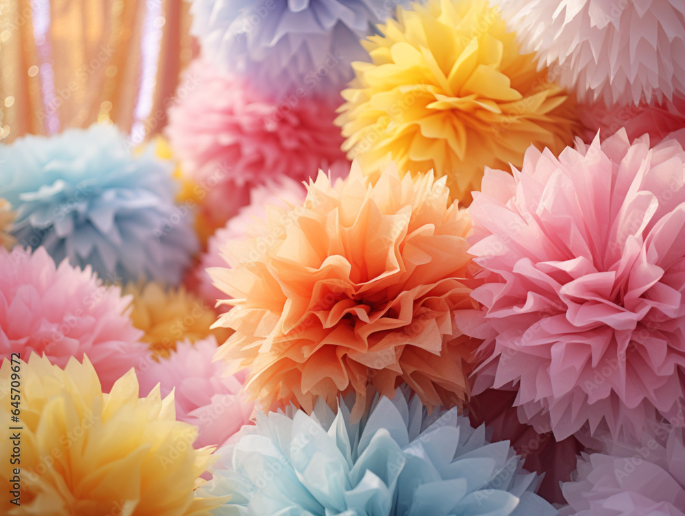 Fototapeta premium Pom-Pom Party Decorations: Vivid Multicolored Tissue Paper Pompoms for Wedding Celebration, Picnic and Dessert Table, Mock up, Back drop Background.