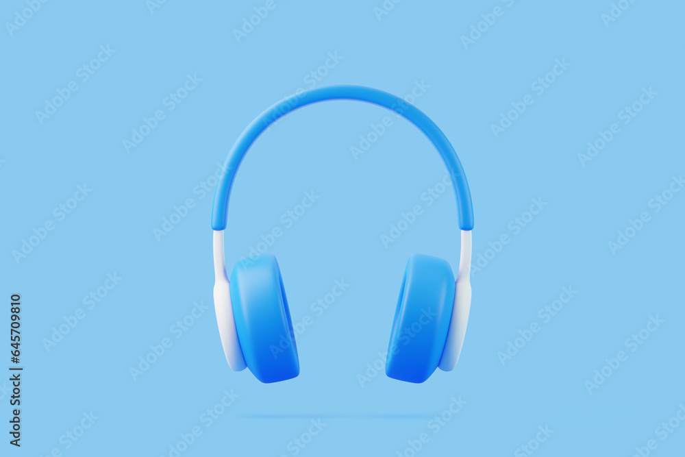Cartoon headphones flying on blue background. Minimal creative concept. 3D render illustration Cartoon headphones flying on blue background. Minimal creative concept. 3D render illustration