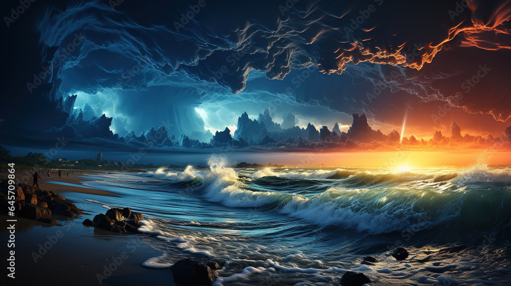 A Powerful Large Eave Breaking Storm on the Blue Ocean Cloudy Sky Background