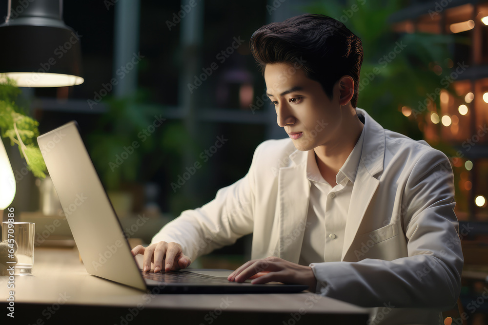 Productive Remote Work: Asian Man Engaged in Online Tasks on Computer Productive Remote Work: Asian Man Engaged in Online Tasks on Computer