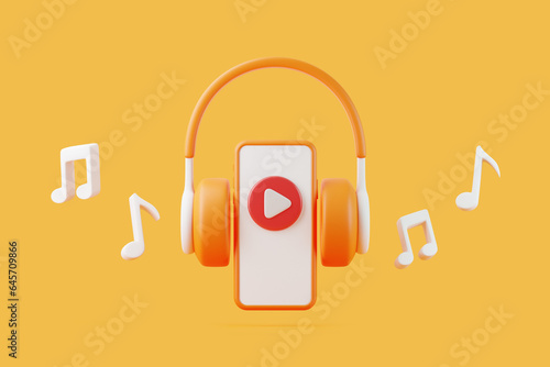 Cartoon headphones and melody note with play symbol flying on orange background. Concept of listening to music, radio, podcasts and books. Minimal creative concept. 3D render illustration photo