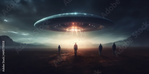Contact with extraterrestrial civilizations. Night photo of UFO - alien spaceship at night. Several people are fascinated looking at the UFO. © Stavros