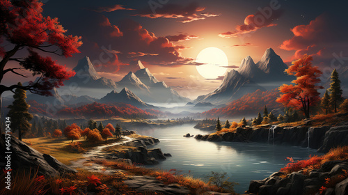Painting of Winding Rivers with Autumn Atmosphere Foliage Below Beautiful Sky
