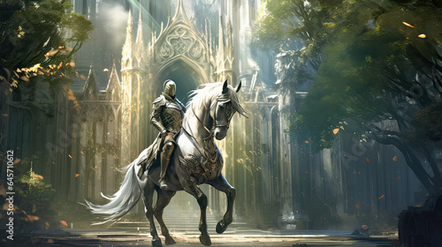 A knight on horseback guarding a fantasy realm's gate. AI generative