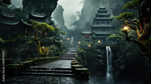 a Walkway is Leading to a Waterfall in The Rain in the Style of Japanese Theme