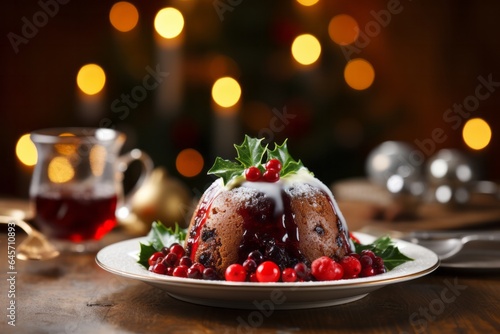 Photo of a festive Christmas pudding adorned with holly leaves on a beautifully set plate created with Generative AI technology