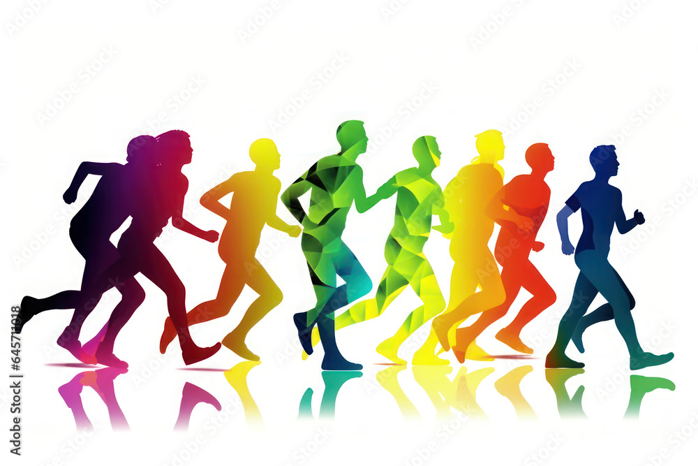 Multi-color silhouette illustration of a group of people running. Multi-color silhouette illustration of a group of people running.