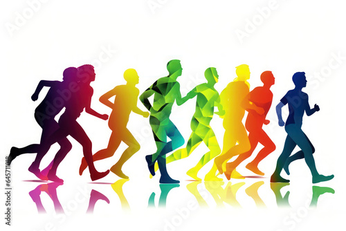 Multi-color silhouette illustration of a group of people running.
