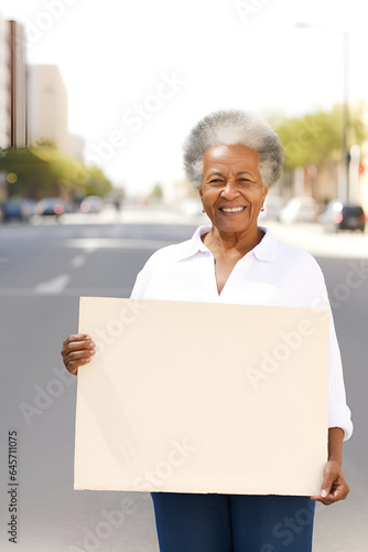 Smiling, professional middle-aged African American woman holding a clean, light board, copy space
