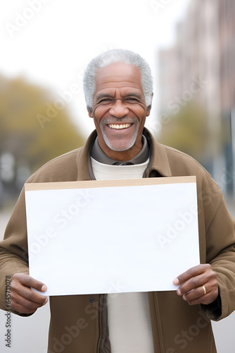 Smiling, casual middle-aged African American man holding a clean, light board, copy space