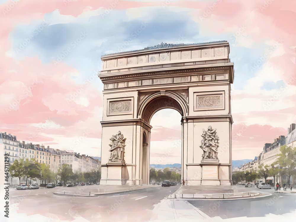 Fototapeta premium 水彩画背景_世界旅行_フランス_凱旋門_02