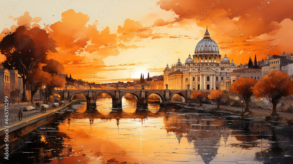 Watercolor Oil Painting of Rome City River Side Street With Bridge Colorful Soft Orange Background