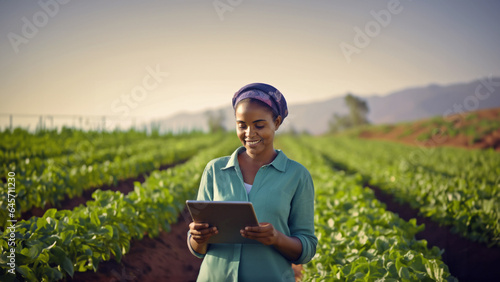 Smiling African-American woman farmer with a digital tablet in a soybean plantation. Concept of agricultural business technology, modern farming technology, new agriculture practices, smart farming