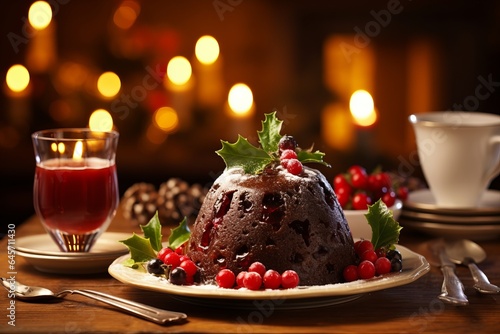 Photo of a festive Christmas pudding adorned with holly leaves on a beautifully set plate created with Generative AI technology photo